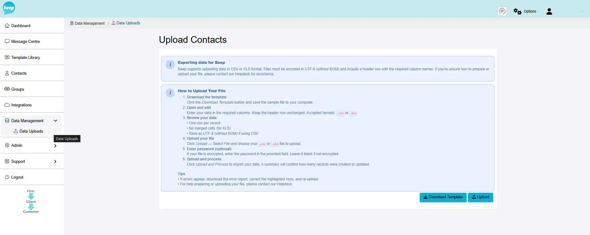 The Beep platform's Upload Contacts screen, showing CSV import instructions